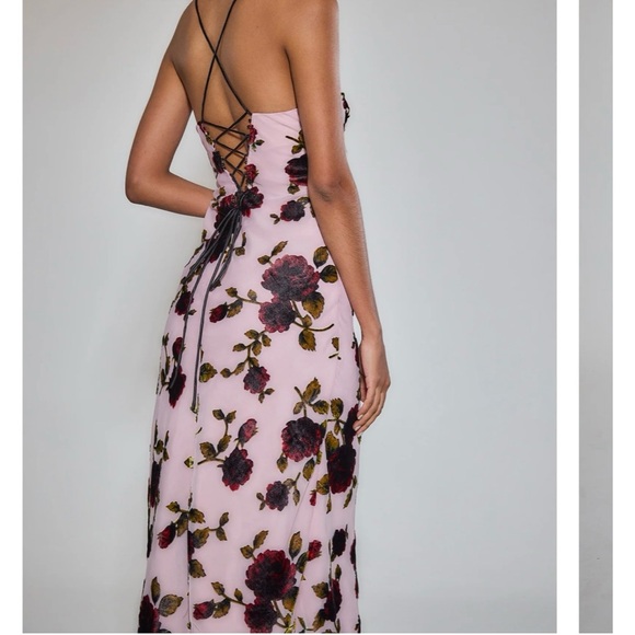 Rare London Pink Rose Devore Lace-Up Midi Dress Formal Wedding Prom Party Sz 2 - Picture 3 of 11